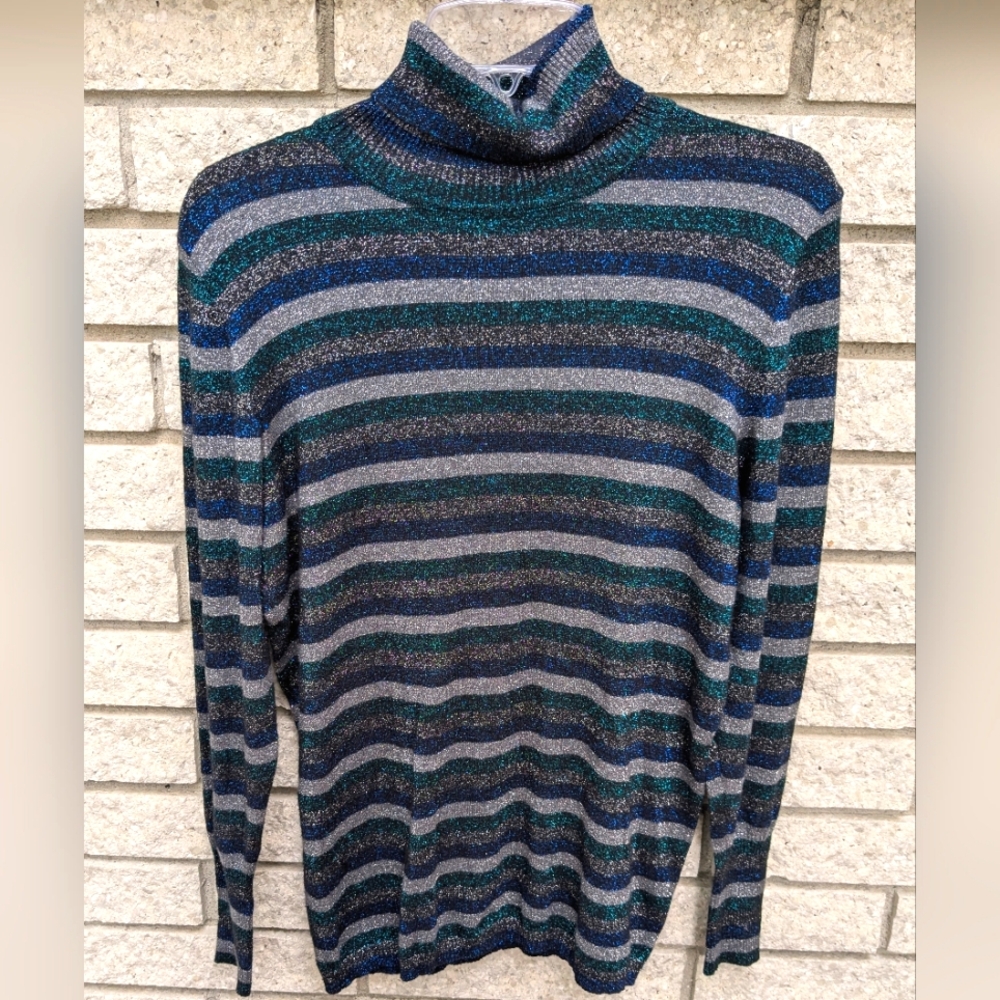 Worthington Sweater Turtleneck Striped Metallic Blue Lurex Size XL Sparkle EUC